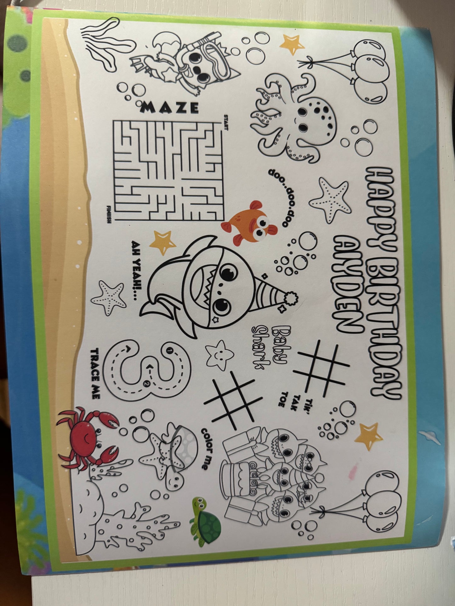Personalized Activity Placemats /. Coloring Activity Sheets